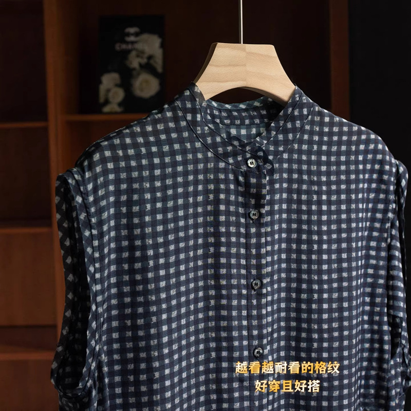 Factory Goods~Exquisite to the Very End, Double Crepe Silk Digital Plaid Print Stand-Up Round Neck Sleeveless Shirt Mr714 Factory Goods~Exquisite to the Very End, Double Crepe Silk Digital Plaid Print Stand-Up Round Neck Sleeveless Shirt Mr714