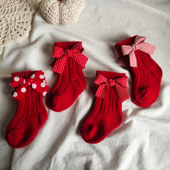 ins baby Christmas New Year woolen socks baby 100 days old Spanish bow children's red mid-calf socks