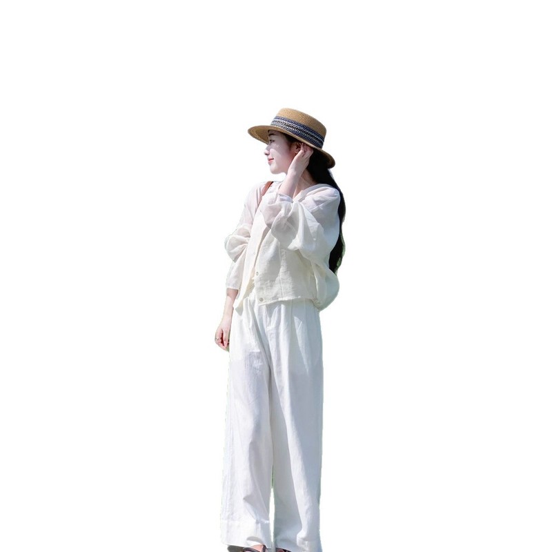 夏上新！夏日老钱风小个子套装女慵懒风防晒衬衫+阔腿裤两件套|undefined