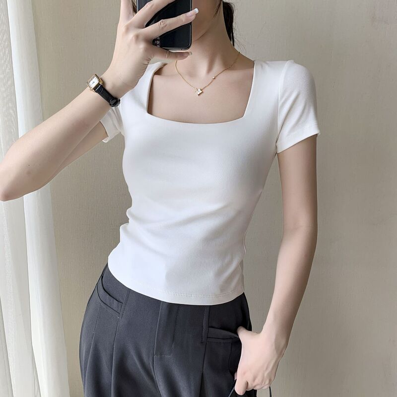A generation of hair square collar short sleeve T-shirt women's summer rib casual wind shoulder slim short sleeve short waist top