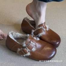 皮版~复古羊羔毛一体擦色勃肯鞋女防滑外穿加绒毛毛鞋