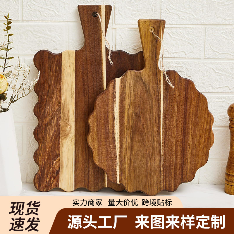 Acacia Wood Scalloped Cutting Board with Handles Blank Wooden Deli Tray Cheese Meat Fruit Bread Baking Tray