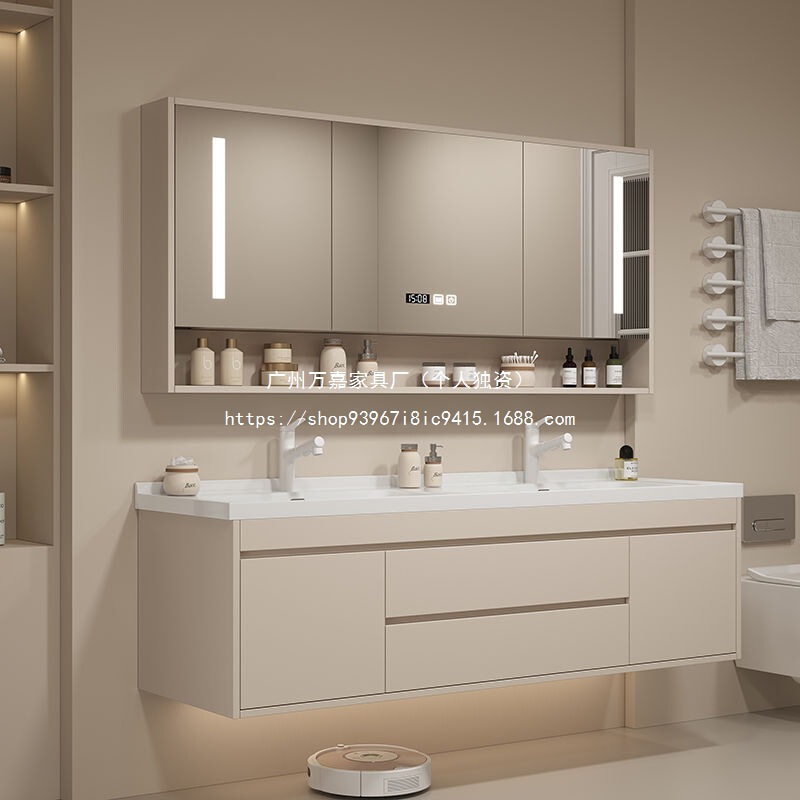 Nordic Light Luxury Ceramic Integrated Basin Double Basin Bathroom Cabinet Combination Modern Simple Solid Wood Smart Wash Basin