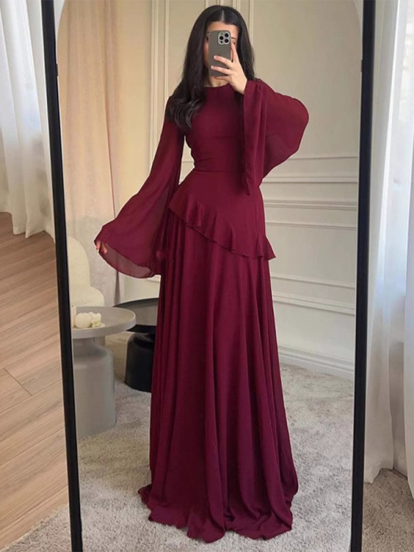 跨境欧美风2025秋季新款女装喇叭袖花边装饰纯色连衣长裙百搭显瘦|undefined