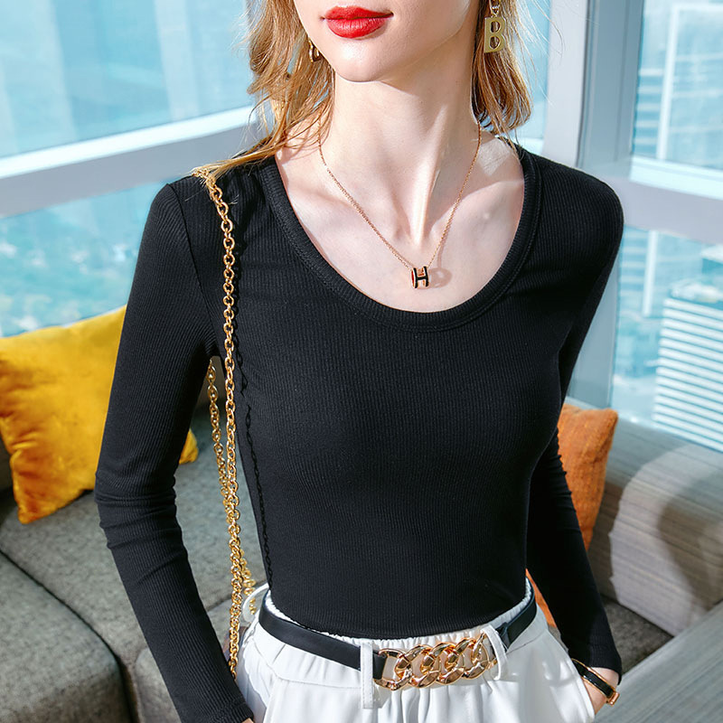 Camisa de fondo de manga larga para mujer 2023 Primavera y otoño nueva camiseta de color sólido con cuello redondo básico para mujer Top ajustado elástico interior