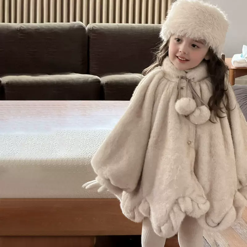 女童韩系秋冬2025新款披肩毛球毛毛外套中小童洋气保暖慵懒风上衣