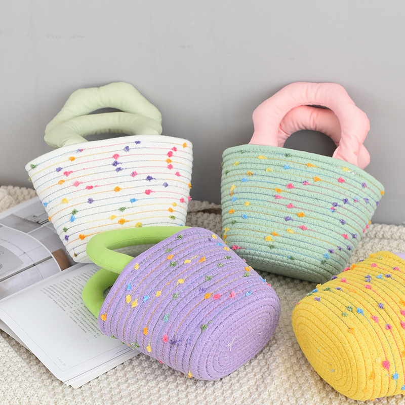 Cotton Rope Handbag, Mohair Ball with Colorful Dots, Versatile Shoulder Bag, Woven Bag, Wholesale from Manufacturer, Summer Versatile Gift Item