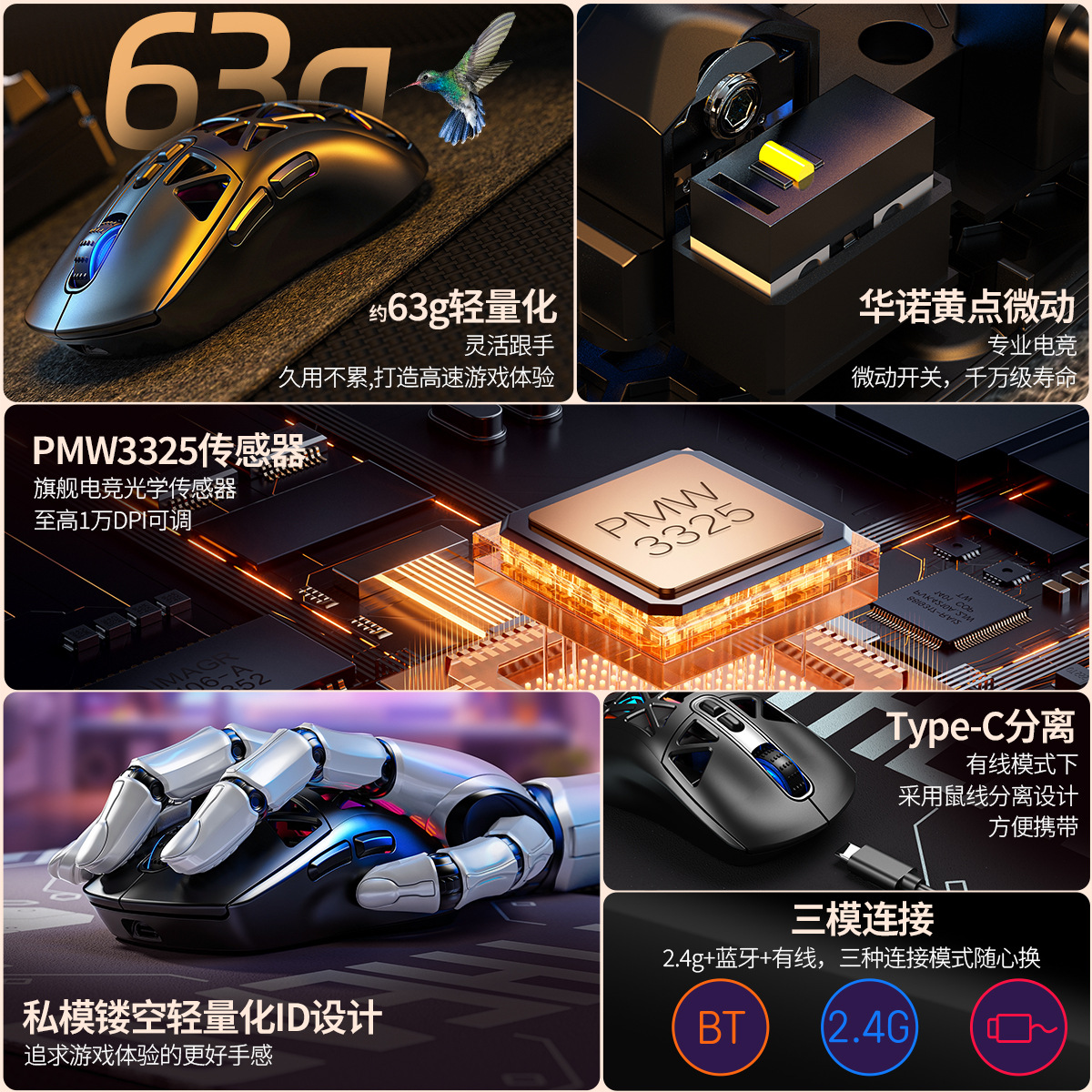 Plata escultura G17 agujero ligero ratón agujero Bluetooth inalámbrico tres modos de juego computadora RGB cable Amazon transfronterizo