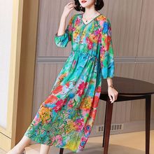 秋季杭州七分袖真丝连衣裙女桑蚕丝妈妈气质长裙特