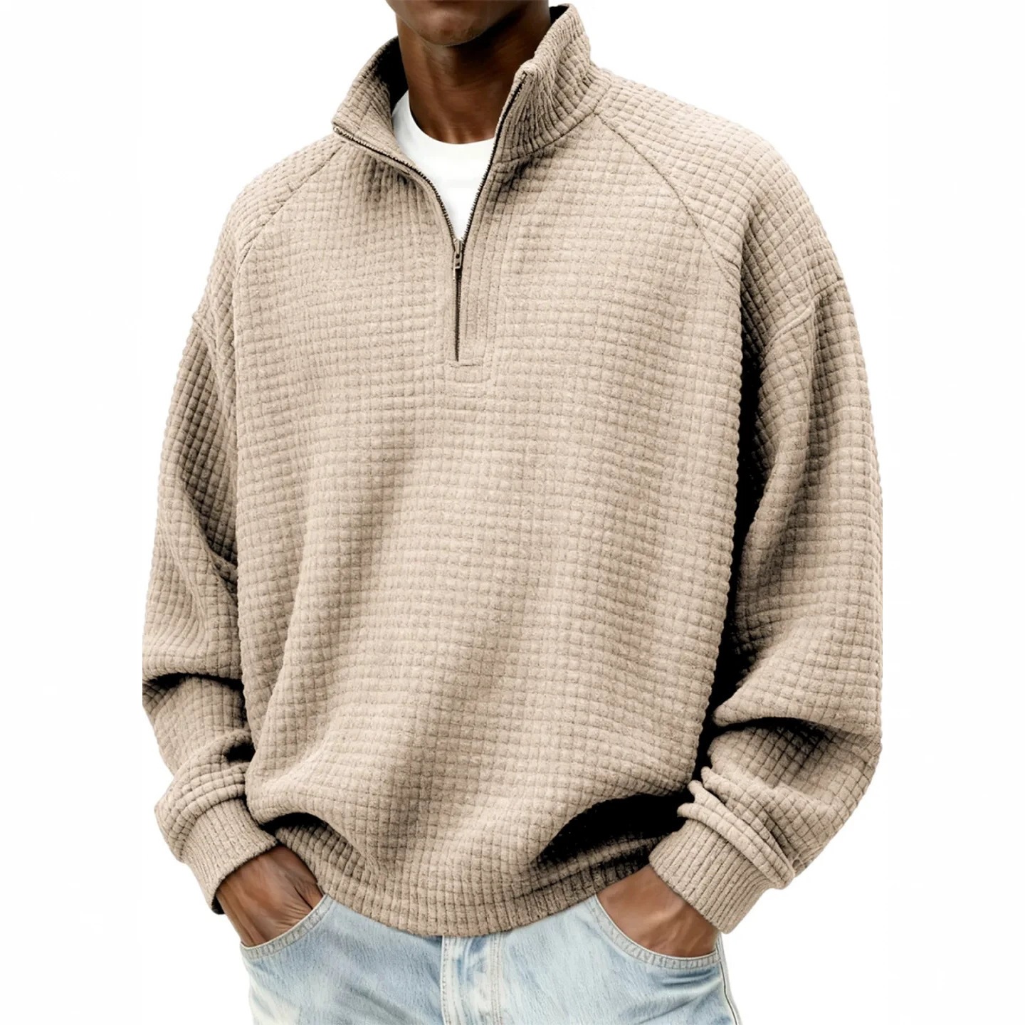 Amazon 2026 New Cross-Border American Retro Autumn-Winter Zipper Small Checkered Casual Stand-Up Collar Long-Sleeve Men's Sweatshirt