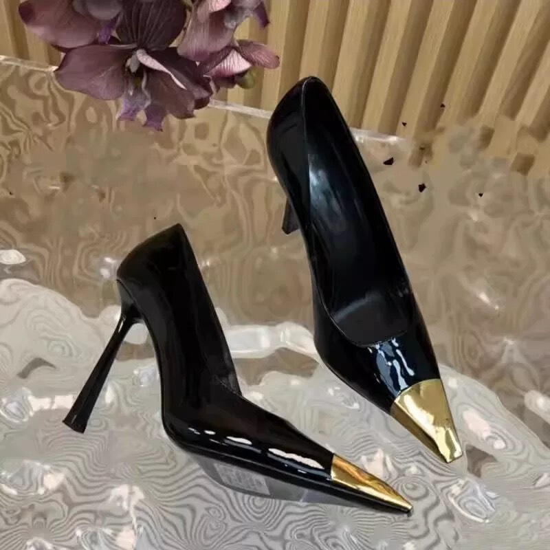 High Version Sandals 2024 New Square Toe Sandals Women's Metal Toe Flats Women's Black Patent Leather Park Chae Young High Heels