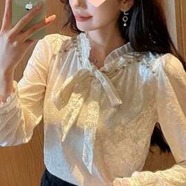 2026秋冬新款法式复古宫廷风蝴蝶结系带衬衫女设计感小众长袖上衣