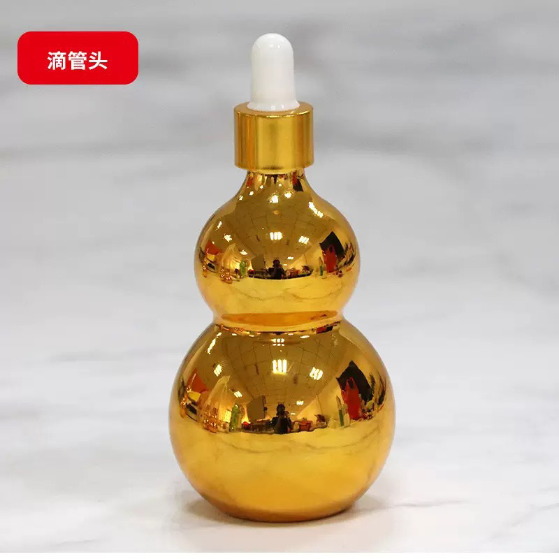 スポット卸売電気メッキゴールデンダブルひょうたんガラスエッセンシャルオイルボトル化粧品ボトルポータブルエッセンススポイトボトル|undefined