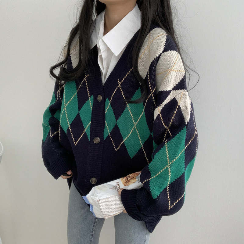 现huo 韩国ins 早秋 学生 宽松  V领 菱形格 针织衫女毛衣外套|undefined