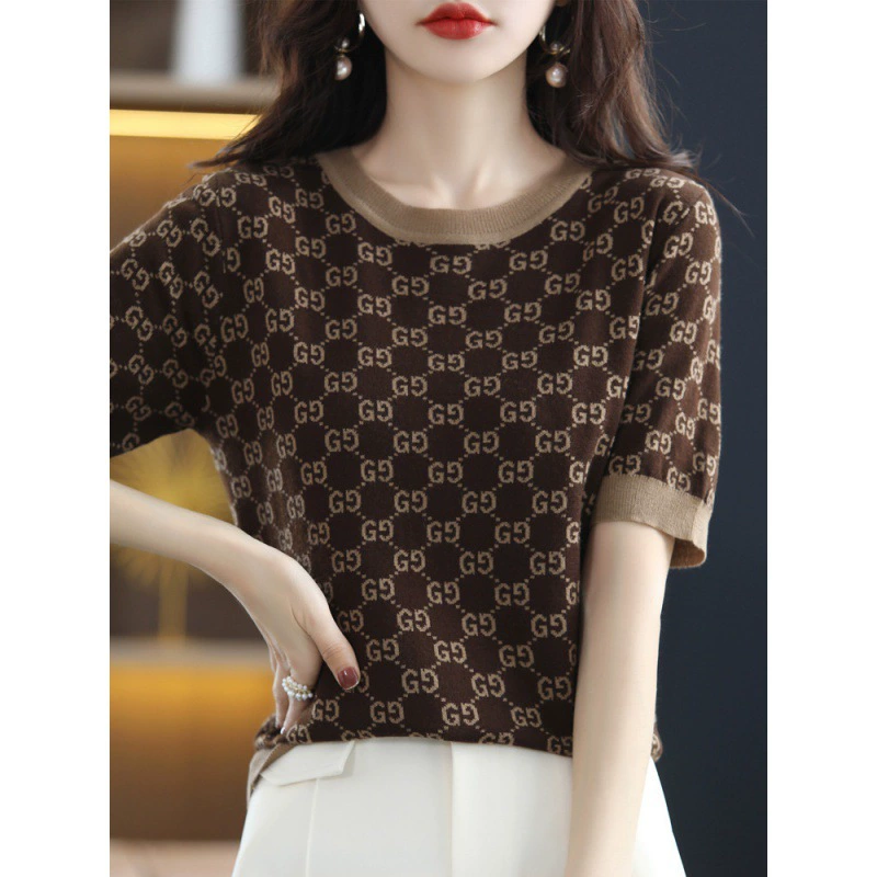 Камвольная шерсть с короткими рукавами дамы с круглым вырезом, жаккардовый трикотаж с полукрукавом, дикий весенний летний пуловер