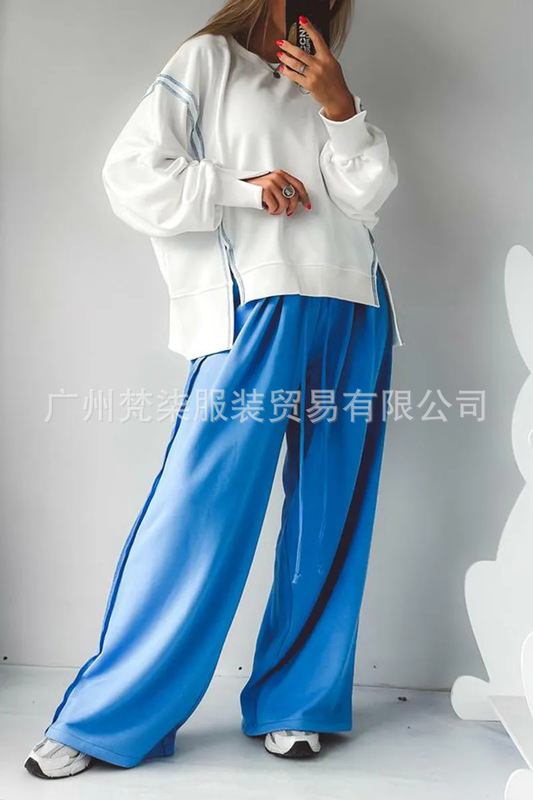 欧美跨境2025秋冬亚马逊新款圆领拼接卫衣抽绳运动长裤休闲套装女|undefined