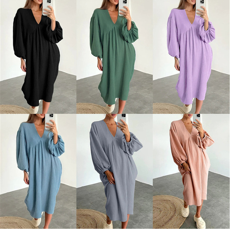 2023 Amazon AliExpress Independent Station New Casual Life Solid Color Pocket V-Neck Long Sleeve dress