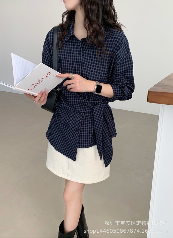 琪镌绘制韩系格子长袖衬衫女装秋季新款宽松系带百搭衬衣上衣651|undefined
