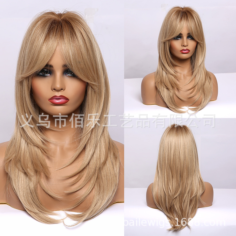 Nuevo negro Rosa flequillo larga recta gradiente de pelo fibra química SEDA NATURAL peluca femenina tocados pelucas fabricante en stock image 31