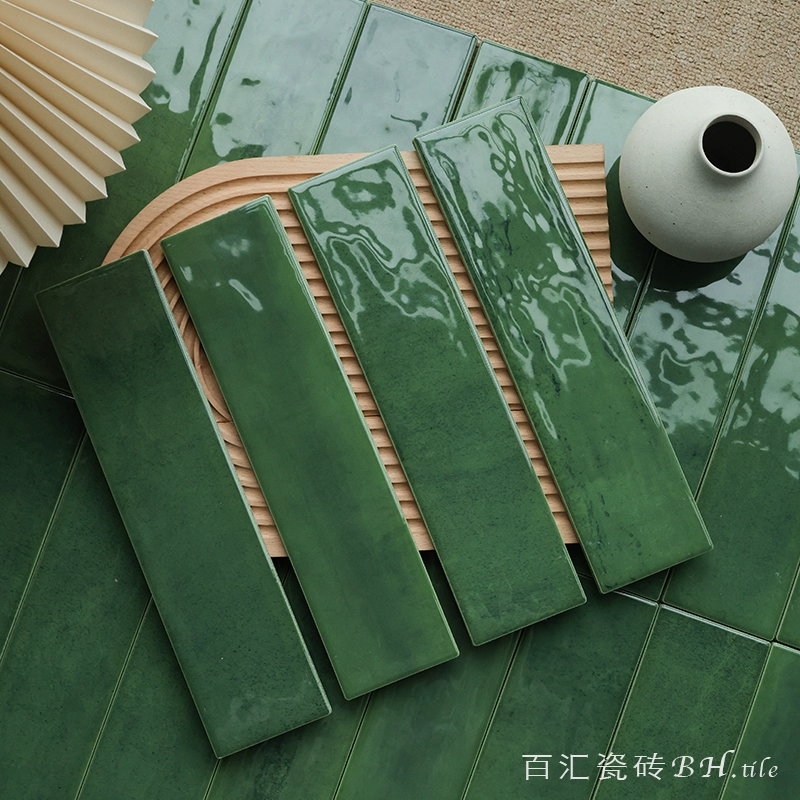 Французские длинные волнистые зеленые настенные плитки для ванной комнаты, балкона, кухни, ресторана, фон, яркие глазурованные плитки