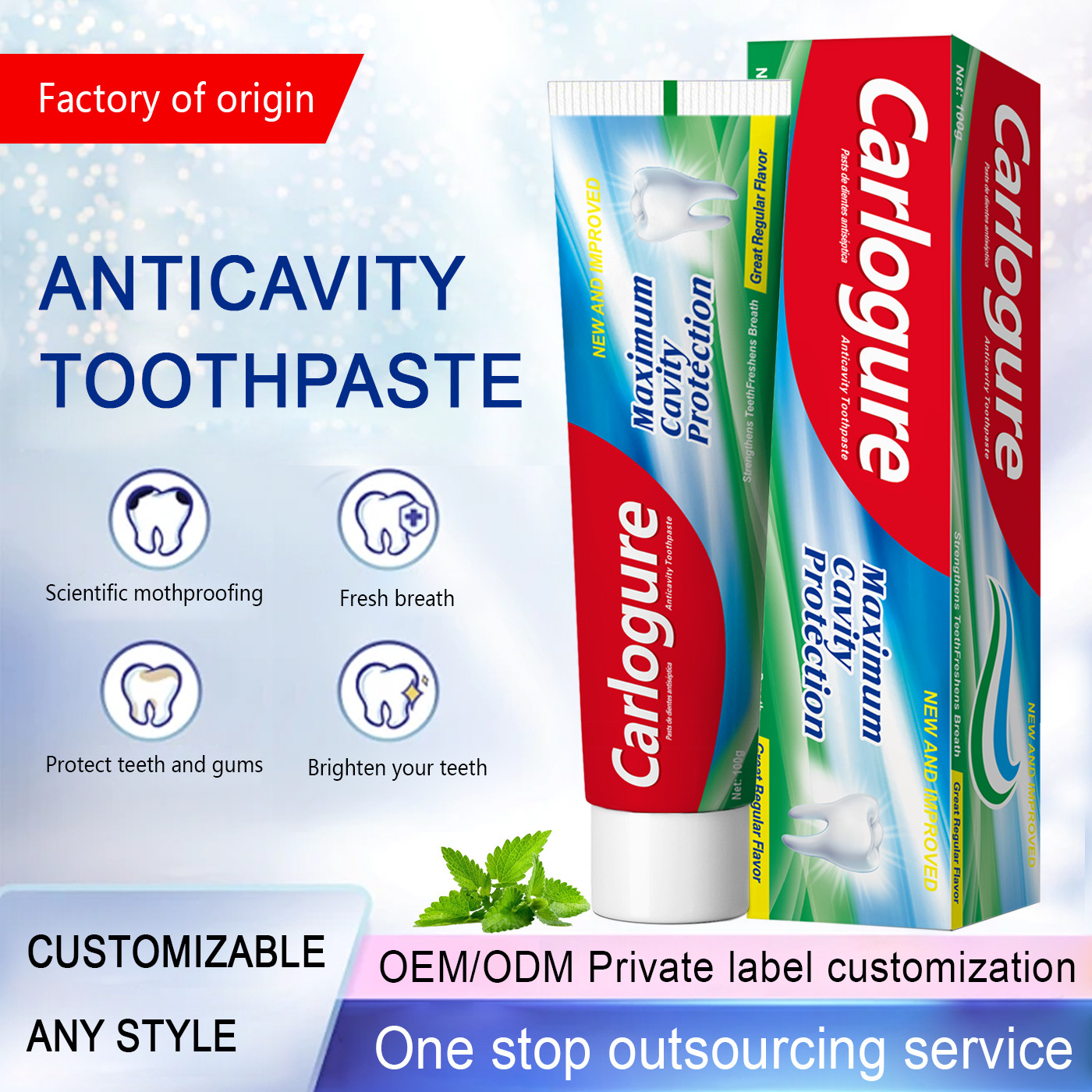 Export English Version of Carlogure Three-Color Toothpaste for Fresh Breath, Tooth Care, and Gum Protection 100g Toothpaste Wholesale