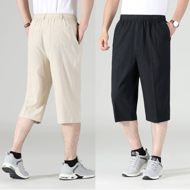 Оптовая Продажа с фабрики мужские укороченные брюки из хлопка и льна эластичные свободные прямые брюки с эластичной талией льняные брюки дедушки летние брюки
