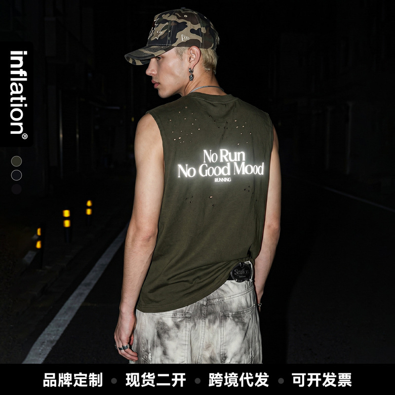 Jie Zhan Men's Clothing | Hemp Cotton Ripped Running Vest 2026 Spring/Summer New Street Fashion Brand Reflective Print Sleeveless T-Shirt Jie Zhan Men's Clothing | Hemp Cotton Ripped Running Vest 2026 Spring/Summer New Street Fashion Brand Reflective Print Sleeveless T-Shirt