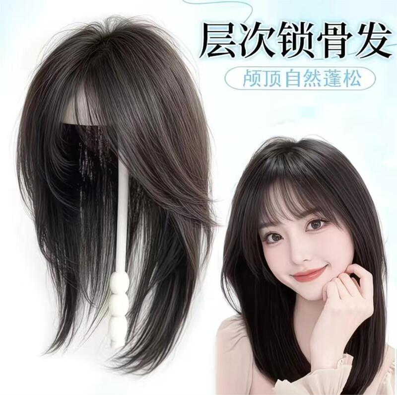 Wig women's long hair natural collarbone hair full human hair free split full head cover long hair full top wig cover