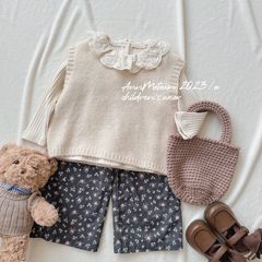 Lini Autumn New Arrival Girls' Knitted Vest + Lace Edge Crew Neck Top + Floral Wide Leg Pants Set of Three