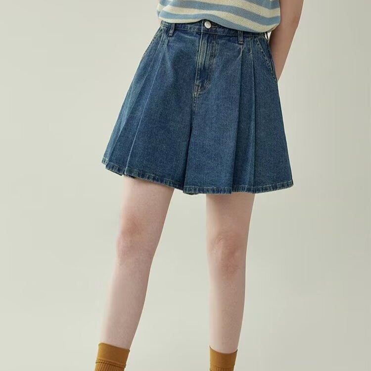 2026 Summer New Retro High-Waisted Pleated Denim Skirt Pants for Women, Blue A-Line Wide-Leg Pants with Elastic Back Waist