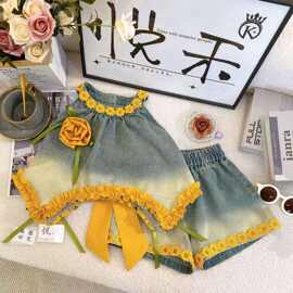 2026夏季新款女童软牛仔套装洋气大蝴蝶结露背花边上衣短裤两件套