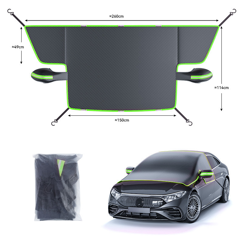 Qìchē – Oxford Cloth Car Car snow shield - black-green-reflective-strip-green-edge-frosted-drawstring-pocket-packaging