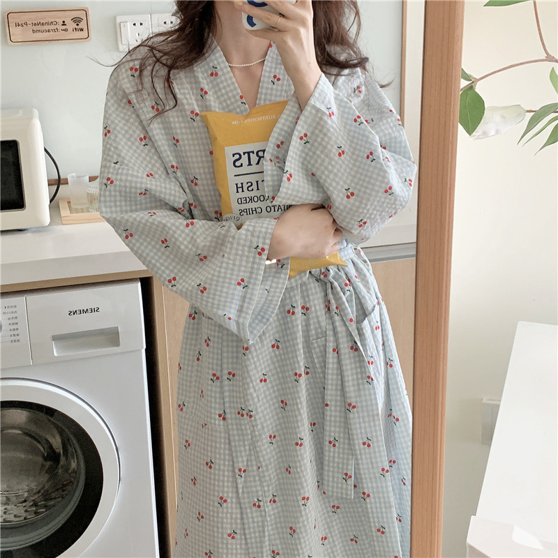 批发货源 樱桃格子睡袍女秋棉可爱浴袍长款和服ins睡衣家居服