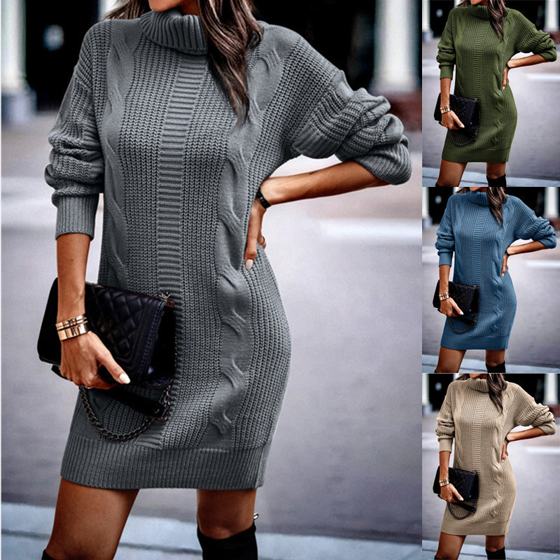 Amazon Cross-Border Supply 2024 Autumn and Winter Solid Color Turtleneck Long-Sleeve Bodycon Sweater Dress for Women, Warm European and American Style Amazon Cross-Border Supply 2024 Autumn and Winter Solid Color Turtleneck Long-Sleeve Bodycon Sweater Dress for Women, Warm European and American Style