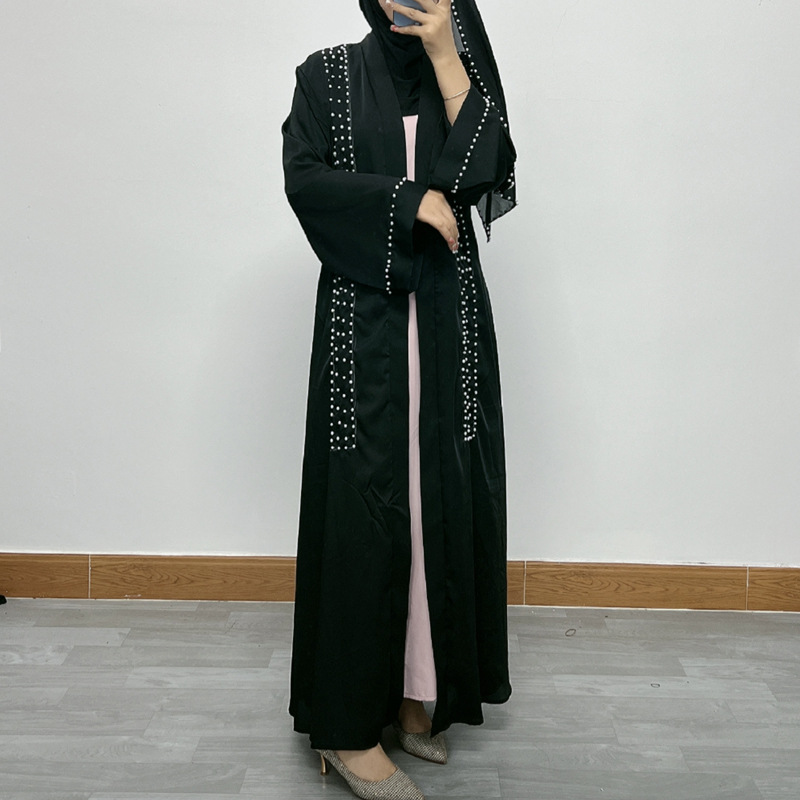 F326 Cross-Border Foreign Trade Middle Eastern Women's Long Dress, Dubai Pearl Embellished Elegant Cardigan Robe,_ecoleips.com