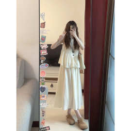 小个子杏色禅意天丝套装女2024夏季新款无袖上衣+半身裙两件套