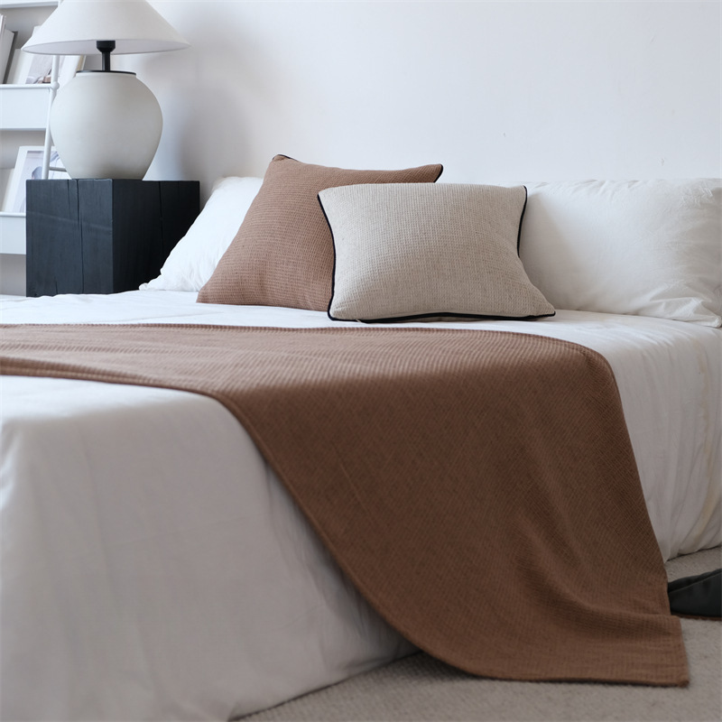 Linen Cotton Throw Blanket Wabi-Sabi Style Bed Runner Bed Scarf Bed Flag Bed Cover Milk Tea Color Khaki Color