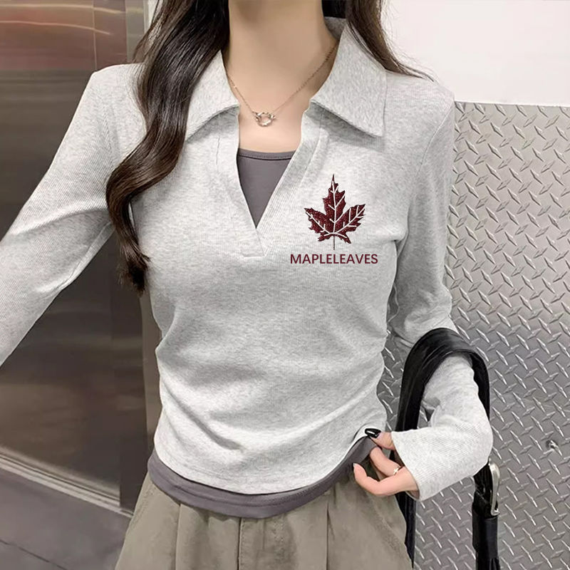 polo领长袖t恤女别致拼色印花秋季新款韩版修身假两件打底衫女ins|undefined