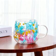 批发跨境干花双层玻璃杯防烫隔热高硼硅玻璃水杯带把手双层真花杯