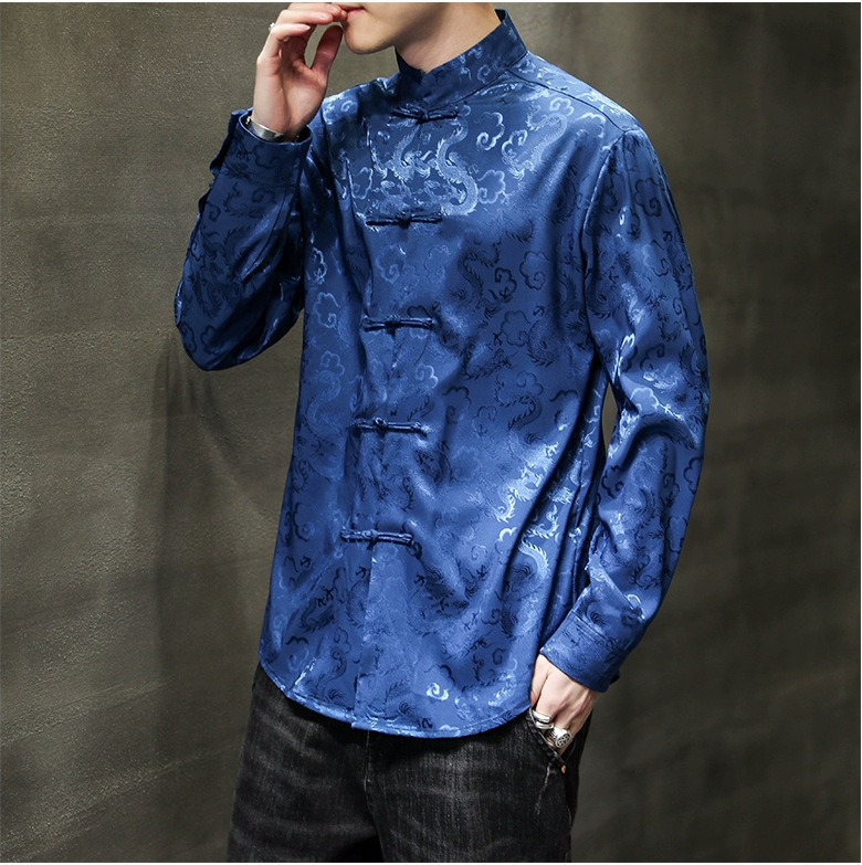 Spring and Summer 2024 New Chinese Style Button-Up Shirt Dark Pattern Satin Plus Size Jacquard Shirt Casual Fashion Trendy Men