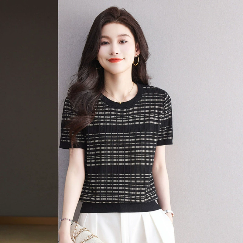 Женский шелковый топ Mulberry, 25 новых полых дышащих вязаных свитеров из ледяного шелка с круглым вырезом, тонкий свободный топ с короткими рукавами