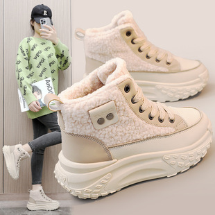 K6701 new 2023 winter high-top women's shoes fleece-lined cotton shoes warm lamb velvet thick bottom increased Korean ins students