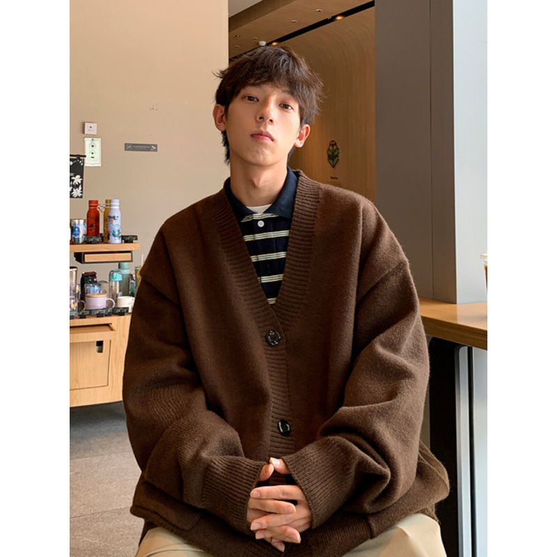 秋冬季毛衣男韩版宽松纯色长袖V领针织开衫情侣外套潮流休闲上衣