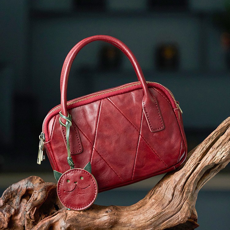 Genuine Leather Handmade Bowling Bag For Women New Retro Crossbody Vegetable Tanned Cowhide Versatile Handheld Pillow Bag - Thumbnail 2