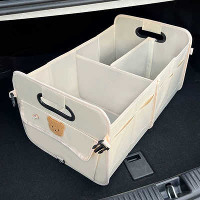 Car storage bag/box — Capacity Storage Basket Multi-Function - embroidered-bear-head-upgraded-material-oxford-cloth-multifunctional-storage-box-beige