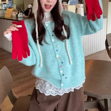 2025秋季新款宽松百搭开衫外套女潮韩系彩扣撞色软糯长袖针织毛衣