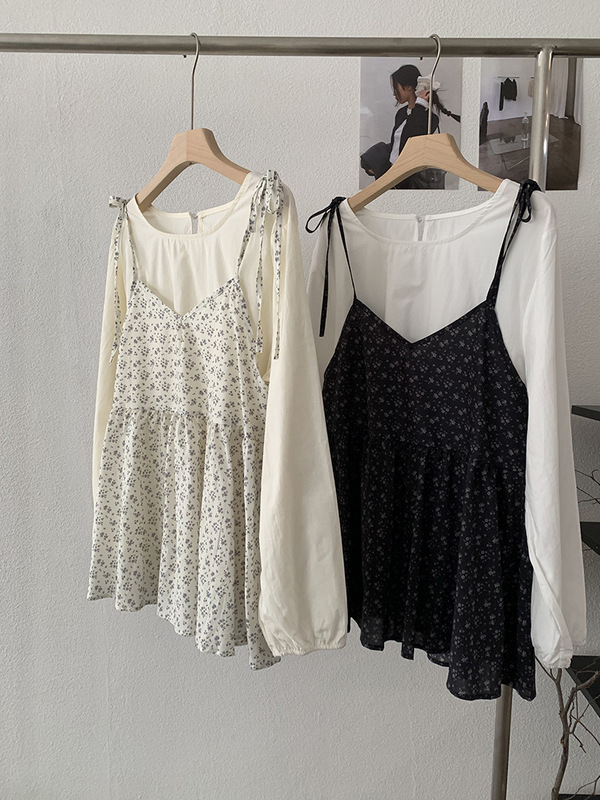 欧玛莱 圆领长袖纯色一粒扣衬衫+碎花吊带上衣两件套小清新女4530|undefined