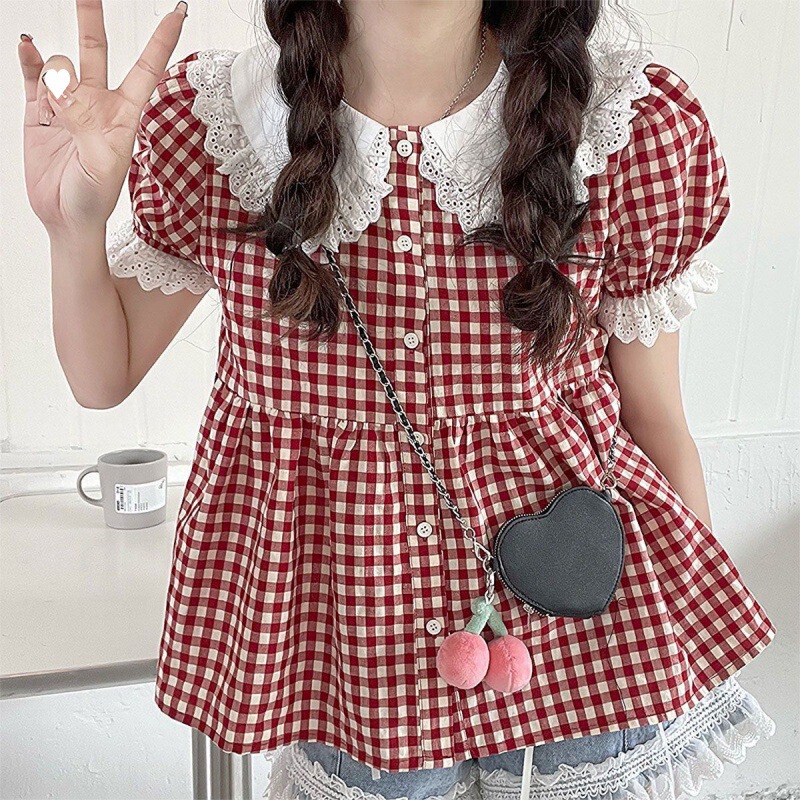 Summer Japanese Style Soft Girl Cute Plaid Doll Collar Lace Bubble Sleeve Shirt Female Student All-match Fresh Style Top