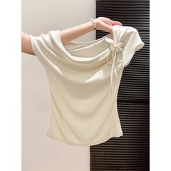 2025年夏 レディース スイングカラー 斜め肩Tシャツ 立体リボン 不規則プリーツ 半袖 ピュアセクシーボトムストップス