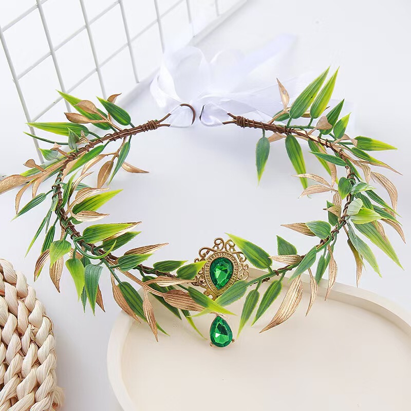 Cross-Border Baroque Natural Fairy Headpiece, Forest-Style Golden Bamboo Leaf Forehead Wreath Headband, Cross-Border Hot Item